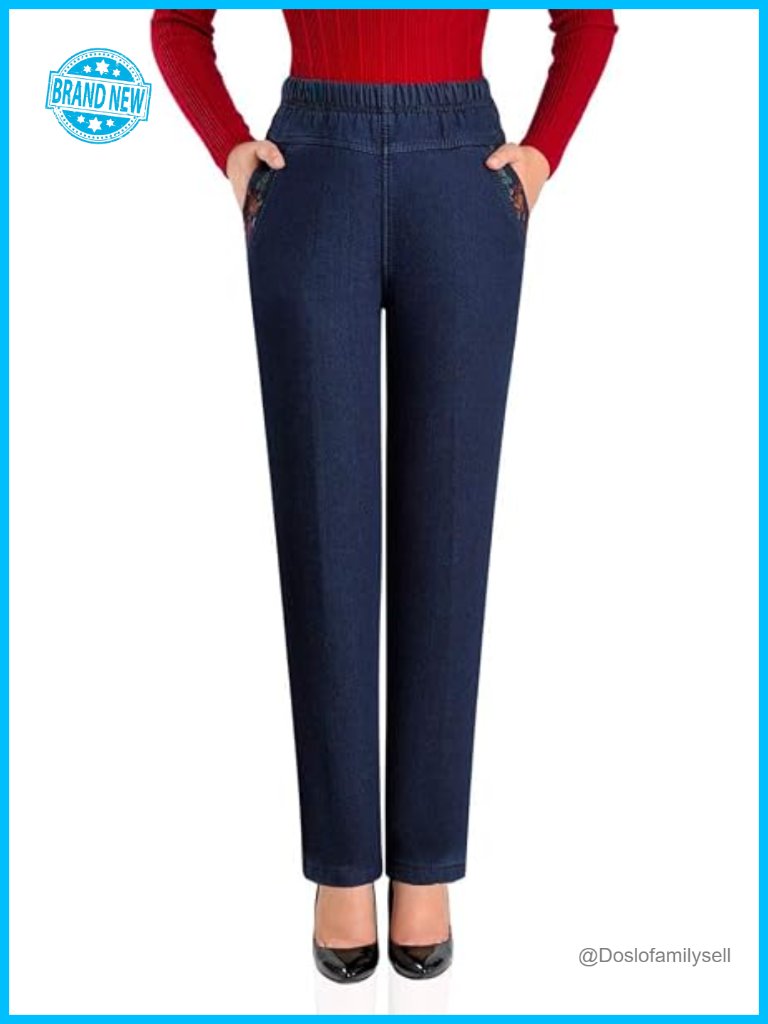 Fleece Lined Jeans Elastic Waist Loose Straight Leg Warm Winter Pants